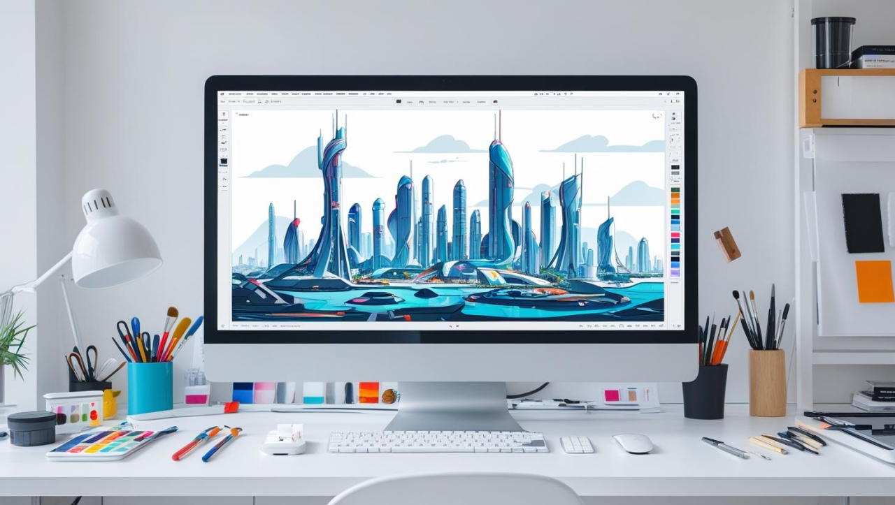 A clean, brightly lit workspace featuring a computer screen displaying a detailed illustration in progress. The design process is evident, with various tools and palettes neatly organized nearby. The overall aesthetic is minimalist and mod
